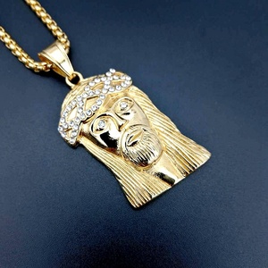 Hiphop Grande Petite Taille Plaqué Or Cristal Diamant Tête de Jésus Collier Pendentif Bijoux Religieux pour Couple - Product Image 3