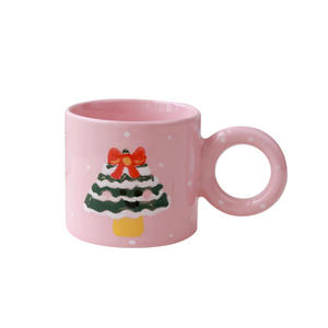 Cadeaux créatifs, tasses à café en céramique peintes à la main en forme d'arbre de Noël, rose, mignonnes, de haute qualité, avec soucoupe - Product Image 1