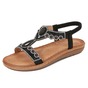 Turquoise Beaded Flat Sandals With Rhinestone Embellishment Open <b>Toe</b> Summer Women's Fashion Trend Strappy Design Wholesale - Product Image 1