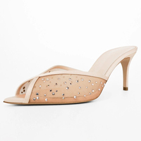 Mules à talons en dentelle et résille pour femmes, ornées de strass et de cristaux, à bout pointu, sandales transparentes, vente en gros, OEM personnalisé