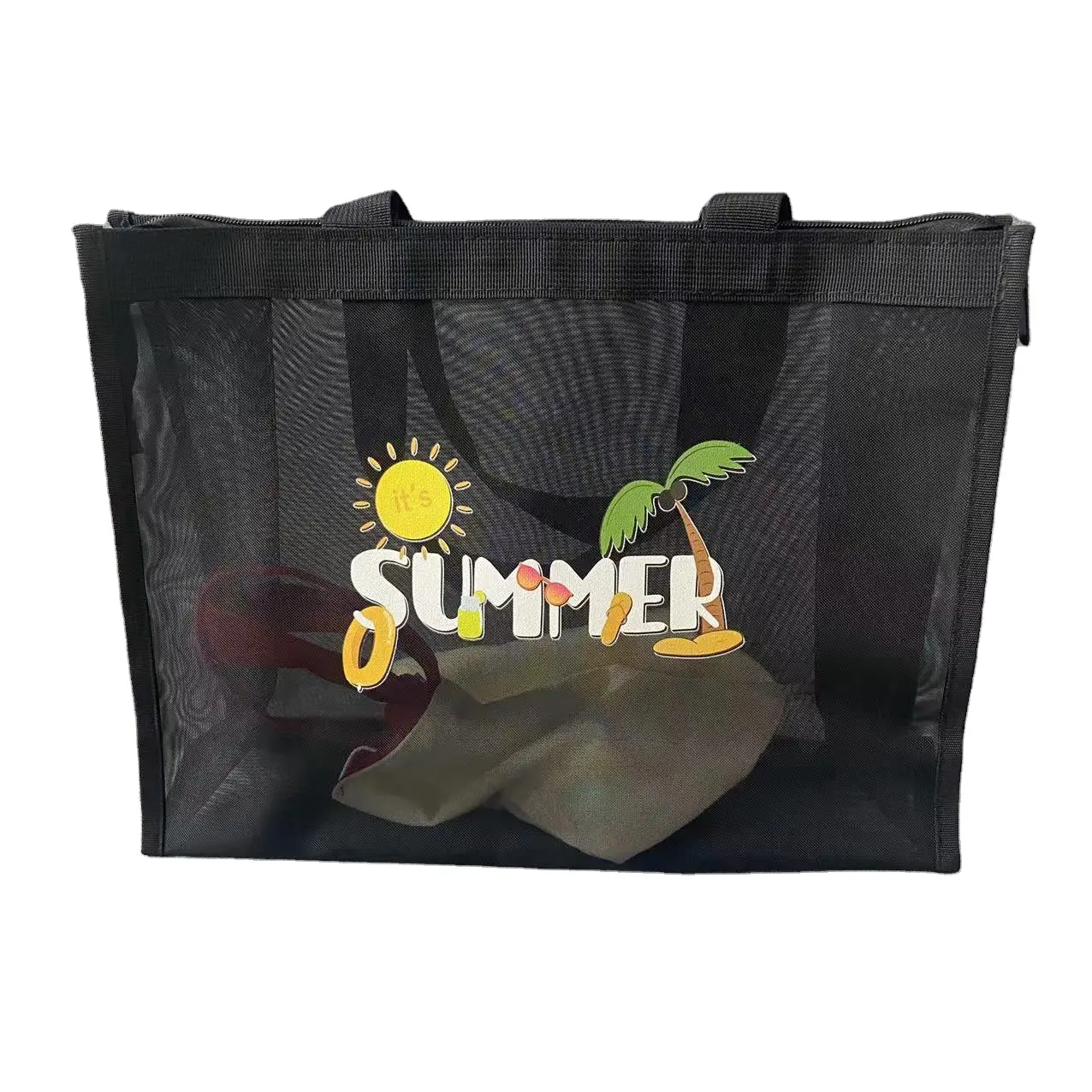 Logo ile yüksek kalite özel tasarım kullanımlık naylon tel örgü plaj fermuar ile sepet alışveriş çantası file plaj çantası