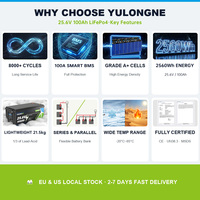 Batterie au lithium LiFePO4 YULONGNE 25,6 V 100 Ah 2560 Wh avec BMS intelligent intégré, plus de 15 000 cycles, pour stockage d'énergie solaire domestique hors réseau 24 V