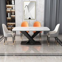 Mesa de Comedor Rectangular Contemporánea con Tapa de Piedra Sinterizada y Base Cruzada Dorada de Metal, Muebles Modernos para el Hogar