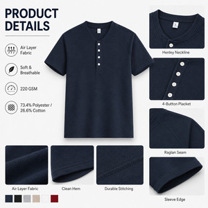 Custom Logo Air Layer Henley T-Shirt Men 4-Button Raglan Sleeve Breathable Business Casual Wholesale 7 Colors <b>Navy</b> - Product Image 4