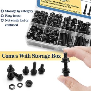 M6 <b>Flange</b> Head <b>Bolt</b> Nut Washer Kit 12 16 20 25 30mm 240pcs Black Steel Construction Grade A - Product Image 1