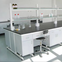 Banc de laboratoire en acier et bois avec plateau en résine époxy et armoire de rangement pour laboratoire universitaire