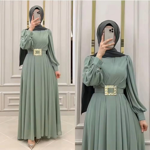Abito Abaya in Chiffon a Maniche Lunghe con Collo Tondo e Cintura, Colore Unito, per Donna Musulmana, Ideale per Feste e Uso Quotidiano, Stile Dubai, per Eid <span class=keywords><strong>Al</strong></span> Fitr - Vendita all'Ingrosso - Product Image 4