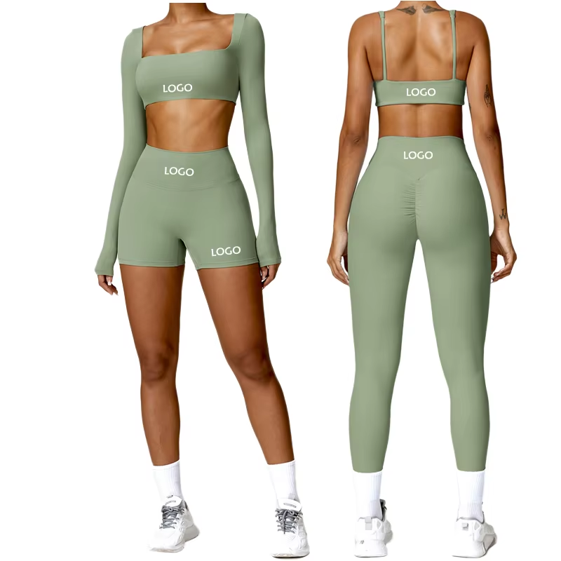 Lady Fitness 2-Piece Sports Bra Yoga Shorts Set Soft Nude Feeling Fabric Reversible Long Sleeve Crop Top Leggings Solid New