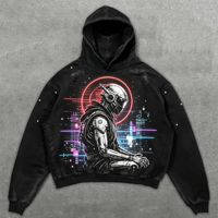 Sweat-shirt à capuche épais délavé et vieilli, coupe oversize, style streetwear décontracté avec imprimé crâne sombre