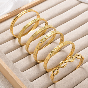 glossy waterproof <b>engraved</b> heart star floral crystal chain bamboo 18k gold plated stainless steel stackable designer <b>bangle</b> set - Product Image 5