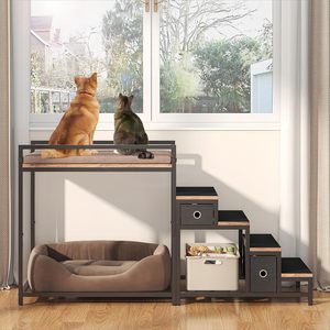 Cama Elevada para Mascotas de Madera Maciza Personalizada con Escaleras Extraíbles, 2 Cajones, Ventana, Marco Metálico Resistente, Cama para Perros y Gatos con Cojín Suave - Product Image 1