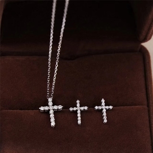 Collier et boucles d'oreilles pendantes en or pur 18 carats avec croix religieuse, bijoux fins Xinfly - Product Image 2