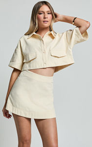 Personalizado Botão Frente Canvas Crop Shirt Mini Saia Curta Vestuário Fábrica Co Ord Combinando Conjunto de 2 Peças das Mulheres - Product Image 5