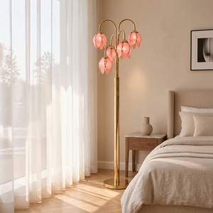 Lámpara de Pie LED de Hierro y Vidrio con Diseño de Tulipán Rosa, 5 Luces, Base E26, Moderna, para Decoración de Dormitorio o Sala de Estar - Product Image 1