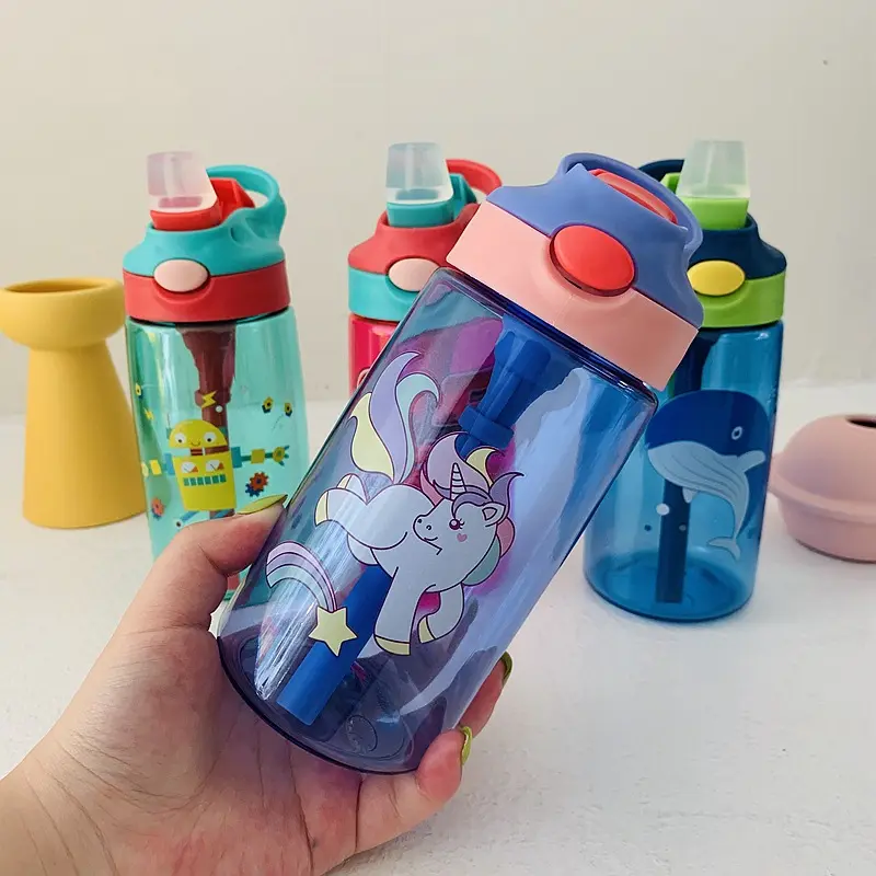 Kids 480ml bpa free kids plastic water bottle children school drinking cute water bottle with straw for 2020