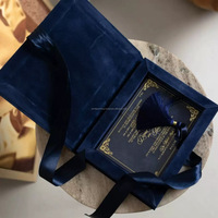Caja de Invitación de Boda de Terciopelo Azul Marino con Cinta de Satén, Monograma en Lámina Dorada, Empaque Personalizado de Lujo, Juego de Cartón Rígido
