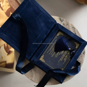 navy blue velvet wedding invitation box with satin ribbon gold foil monogram custom packaging box luxury wedding <b>set</b> - Product Image 2