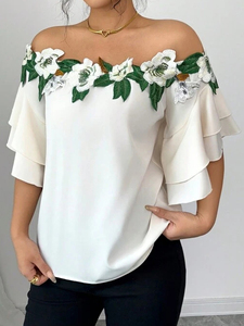 <span class=keywords><strong>Blusa</strong></span> con Bordado Floral, Hombros Descubiertos, Mangas con Volantes, Elegante, para <span class=keywords><strong>Fiesta</strong></span>, <span class=keywords><strong>Blusa</strong></span> <span class=keywords><strong>Blanca</strong></span> Informal para <span class=keywords><strong>Mujer</strong></span> - Product Image 3