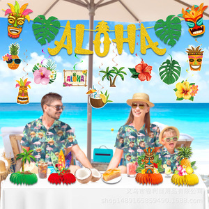 Ensemble de décorations pour fête hawaïenne, bannière Aloha, masques Tiki, palmiers, centres de table en nid d'abeille, fournitures pour fête de plage d'anniversaire - Product Image 2