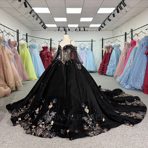 Robe de Quinceañera noire unique 6952, style corset Sweetheart, à manches courtes classiques, avec perles et appliques, traîne chapelle, pour bal de promo - Product Image 2