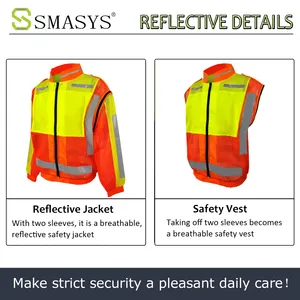 Gilet <span class=keywords><strong>de</strong></span> sécurité réfléchissant 2-en-1 ANSI Classe 2 avec manches détachables, respirant, en tissu maille 100 % polyester fluorescent - Product Image 2