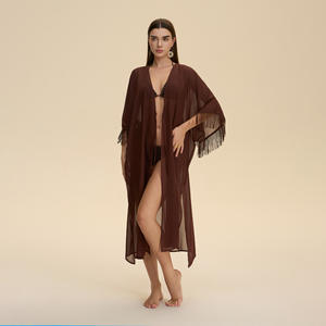 Sheer Satin Kimono <b>Robe</b> with Fringe Lace Trim Breathable Knee-Length Summer <b>Oversized</b> Cover-Up Sleepwear Loungewear for <b>Women</b> - Product Image 2