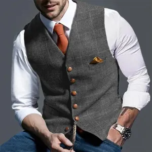 Gilets de <span class=keywords><strong>Costume</strong></span> <span class=keywords><strong>Sans</strong></span> Manches Hommes Coupe Ajustée Décontractés à Carreaux en Polyester Respirant avec Boutons Décoratifs Printemps Automne - Product Image 2