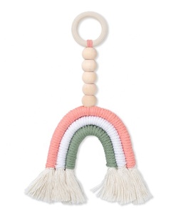 Commerci all'ingrosso fatti a mano rustici in legno naturale perline stringa Macrame <span class=keywords><strong>arcobaleno</strong></span> appeso a parete per la decorazione della stanza della scuola materna del bambino - Product Image 2