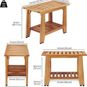 Tabouret de salle de bain en teck avec double rangement, imperméable, antidérapant, siège de bain en bois massif 33x61x46cm - Product Image 4