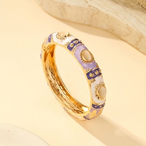 Wholesale Inlaid Cloisonne Enamel Alloy Wide Bangle Gold Plated Color Block Geometric Spring Hinged Bracelet Women Chinese - Product Image 5