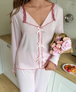 <span class=keywords><strong>Pijama</strong></span> Casual <span class=keywords><strong>Rosa</strong></span> de Algodón con Lazo para Mujer, Conjunto de Dos Piezas, Ropa de Dormir, Ropa para el Hogar, Pijamas Personalizables ODM - Product Image 2