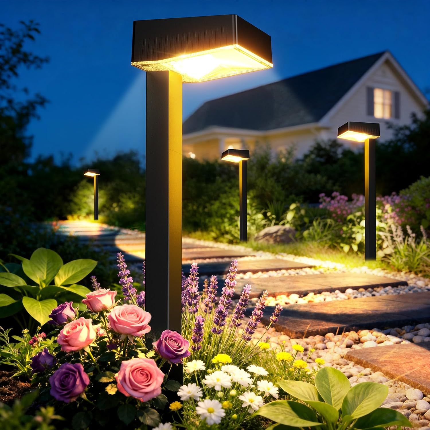 Modern Solar Pathway Lights Outdoor Waterproof Warm Light LED Lens 2 Light Modes Garden Lamp for Landscape Lawn Lighting