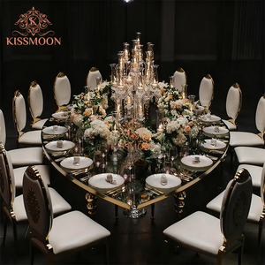 طاولة فاخرة مستطيلة الشكل للمناسبات الملكية بإطار من الفولاذ المقاوم للصدأ الفضي وسطح من الزجاج المقسى لحفلات الزفاف - Product Image 4