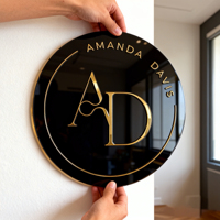 Panneau mural publicitaire rond en acrylique noir poli miroir haute brillance pour logo d'entreprise ou de réception