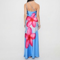 Robe longue décontractée vintage en satin bleu imprimé numérique floral, sans manches, pour femme, idéale pour l'automne