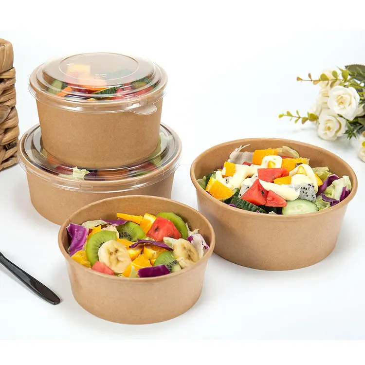 500ml Einweg-Fast-Food-Salat box mit Deckel Salat papier Kraft schale Lunch behälter Naturpapier-Suppen becher