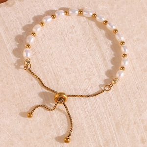 Unique <strong>Drawstring</strong> Fresh Water Pearl Bead <strong>Bracelet</strong> 18K Gold Plated Stainless Steel Chain <strong>Bracelet</strong> - Product Image 3