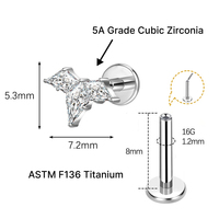 JiaXin ASTM-F136 G23 Titanio Push Pin Sin Rosca para Labret, Medusa, Forward Helix, Lobe, Flor, Circonita Cúbica, Joyería Corporal 16G