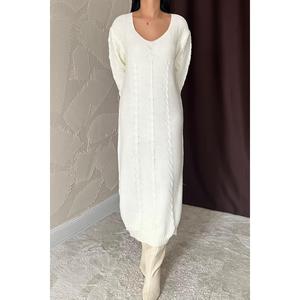 Robe en tricot blanche à col en V, taille ample, manches longues, style décontracté pour tous les jours, tissu lavable - Product Image 1