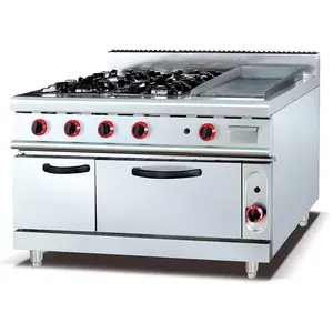 Commerciële Gas Range Met 4-Brander Lava Rock Grill Oven