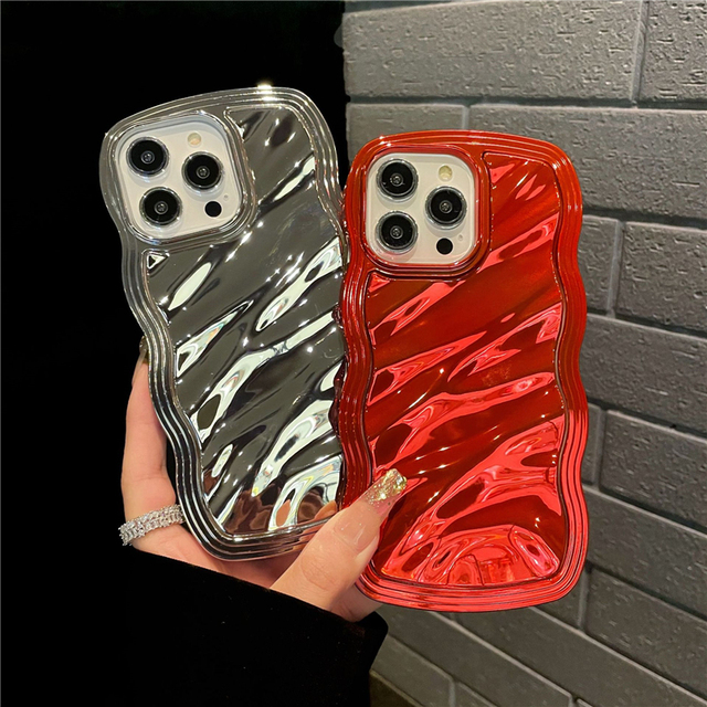 Luxury Electroplated Wave Mirror Phone Case for iPhone 15 14 13 12 Pro Max Shockproof Solid Glitter Soft TPU Back Cover