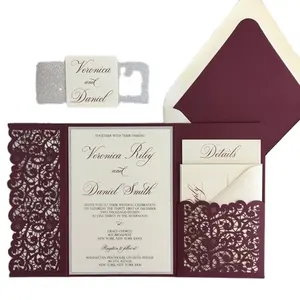 Burgundy Tri Fold Laser Cut Pocket Wedding Cards with Lined Envelope for Bridal Shower Event