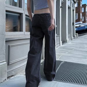 Pantalon décontracté d'été en maille unie, taille basse, coupe droite ample, avec cordon de serrage, respirant et écologique - Product Image 5