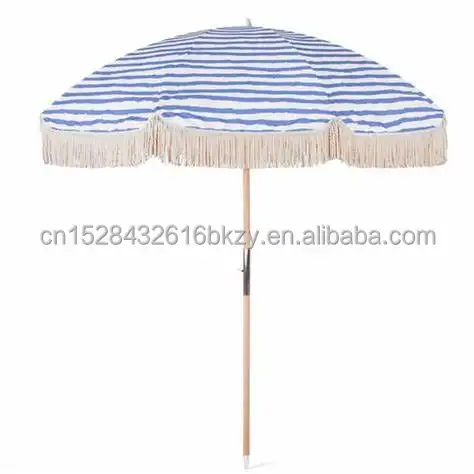 Op Maat Gemaakte Leverancier Goedkope Houten Witte Tuin Outdoor Strandparasol Met Kwastjes