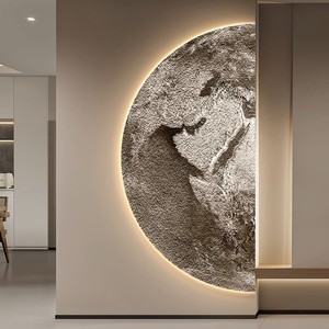Peinture décorative sur le thème de la lune pour entrée, cadre circulaire beige avec rétroéclairage, texture réaliste en grès 3D pour couloirs et entrées - Product Image 4