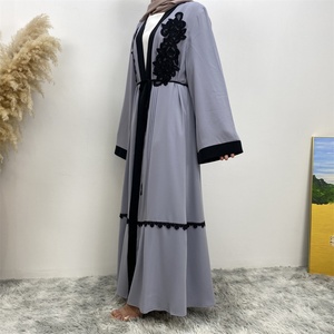 1584# Grey Elegant Open <b>Abaya</b> With Black Floral Applique Long Sleeve Muslim Women Dubai Abayas Long Robe With Lace Patchwork - Product Image 4