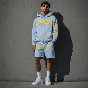 Conjunto de Sudadera con Capucha Estilo Hip Hop Personalizada, Algodón Grueso, Apliques Bordados, Corte Holgado, Ropa Urbana Retro para Hombre, Dos Piezas - Product Image 2
