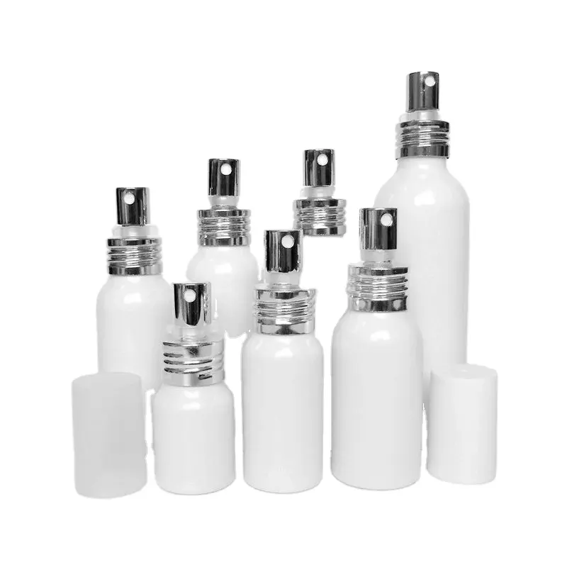Beyaz parfüm atomizer sprey şişesi 30ml 50ml 2oz 80/100/120ml renkli sis sprey alüminyum seyahat kozmetik dağıtıcı şişe