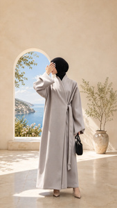 OEM ODM Custom Winter Coat Women <b>Abaya</b> Thick Wool Feel Long <b>Abaya</b> <b>with</b> <b>Belt</b> Dubai Modest Islamic Clothing Open <b>Abaya</b> 261020# - Product Image 4