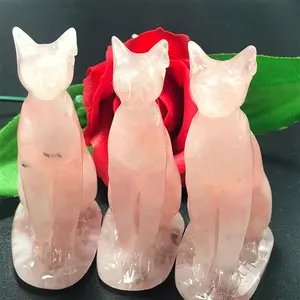 Großhandel ägyptische Katze Rosenquarz Schnitzen Kristalls tein Handwerk Figuren Schnitzen Handwerk Kristalle Heils teine